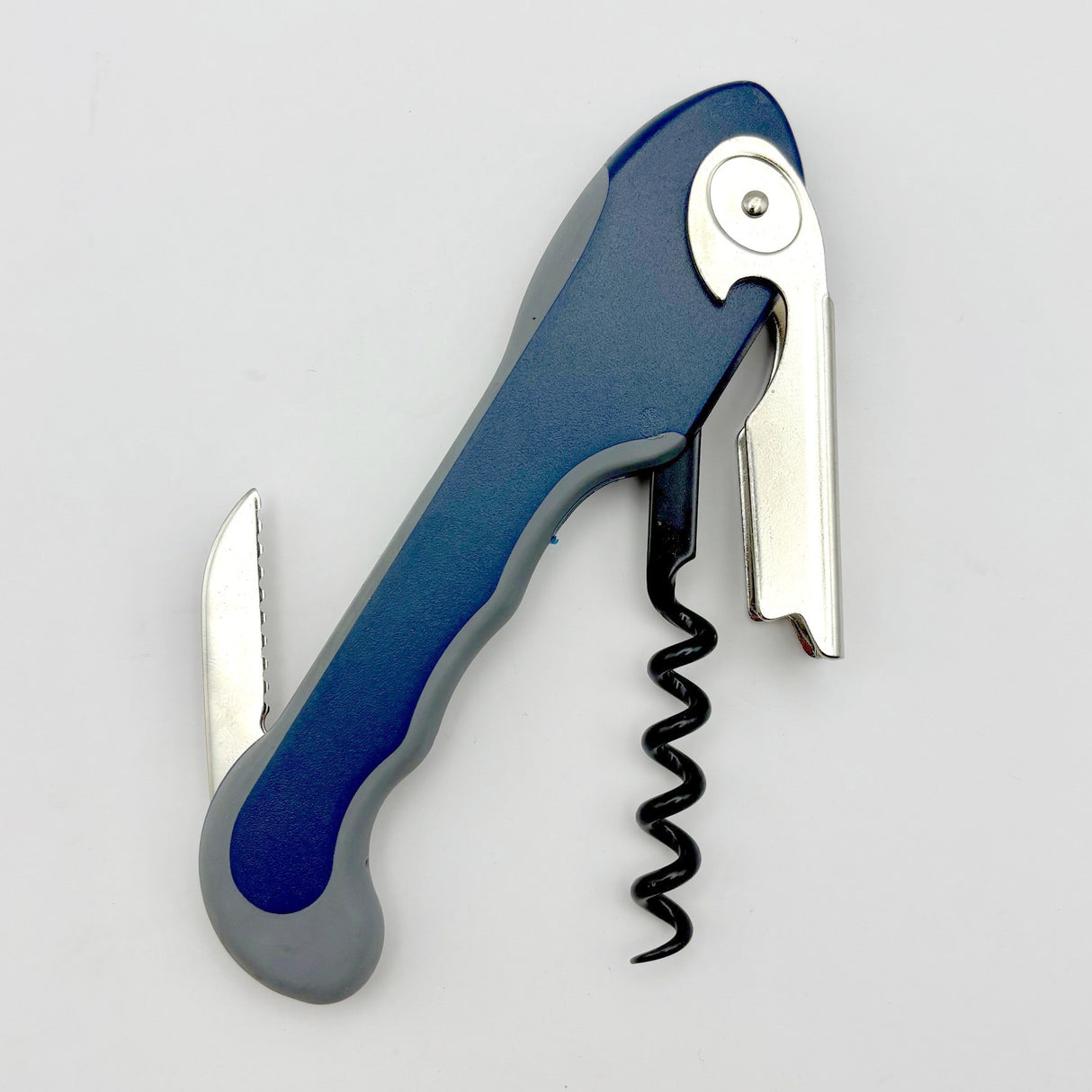 The Soft Touch 001 Single Lever Waiter's Friend Corkscrew from Soft Touch, featuring a blue and gray design with a built-in foil cutter and bottle opener, is displayed against a white background.