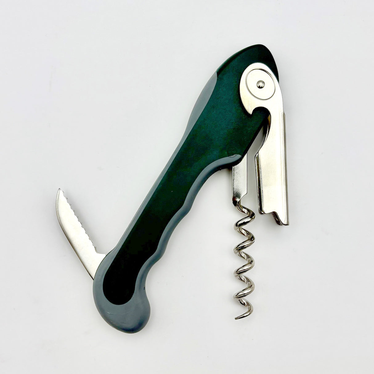 The Soft Touch 001 Single Lever Waiter's Friend Corkscrew by Soft Touch, featuring a green handle, foil cutter, and bottle opener attachment, is displayed fully extended on a plain white background.