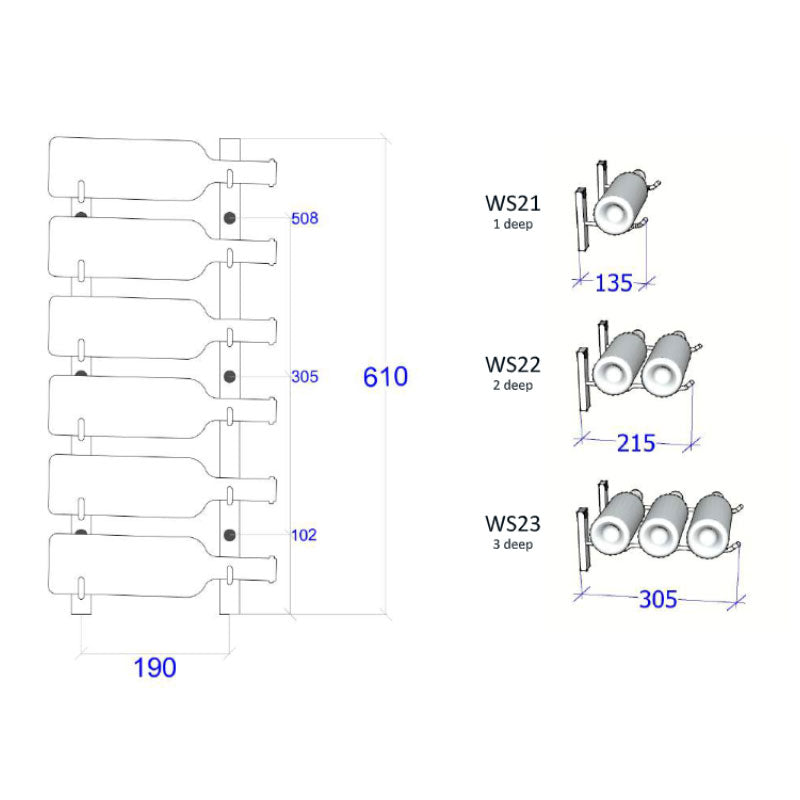 VintageView Wall Mounted W Series 2 - 6 Bottle Wine Rack 1 Deep - Black 2ft