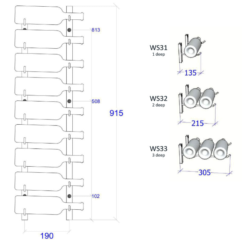 VintageView Wall Mounted W Series 3 - 9 Bottle Wine Rack 1 Deep - Black 3ft