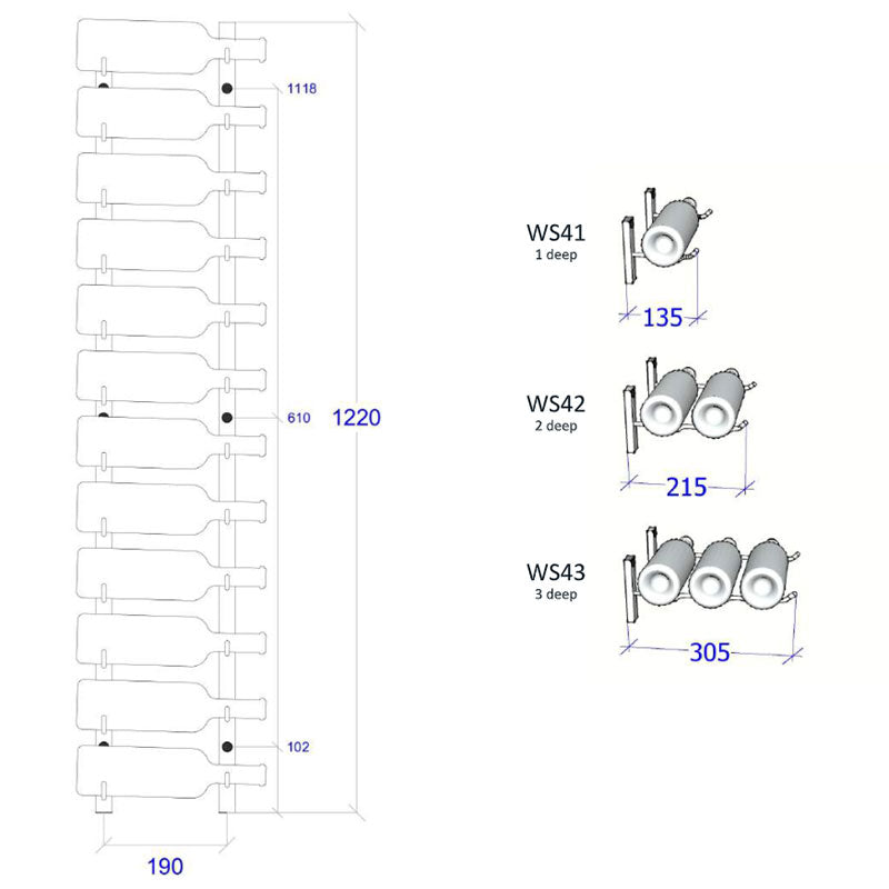 VintageView Wall Mounted W Series 4 - 12 Bottle Wine Rack 1 Deep - Black 4ft