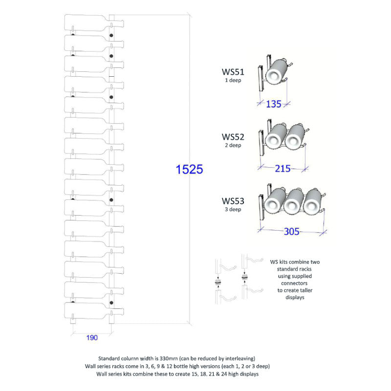 VintageView Wall Mounted W Series 5 - 15 Bottle Wine Rack 1 Deep - Black 5ft
