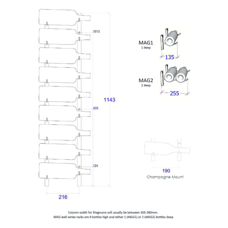 VintageView Wall Mounted WMAG Series - 9 Magnum Bottle Wine Rack 1 Deep - Black