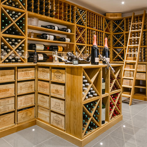 A room of modern wooden wine racking.