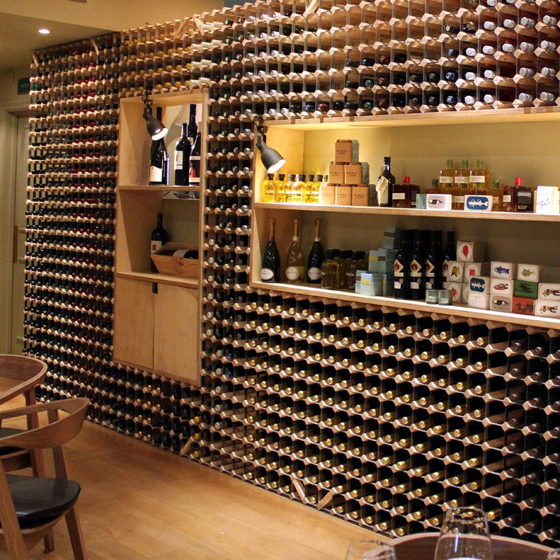 Large wine storage featuring wood and metal.