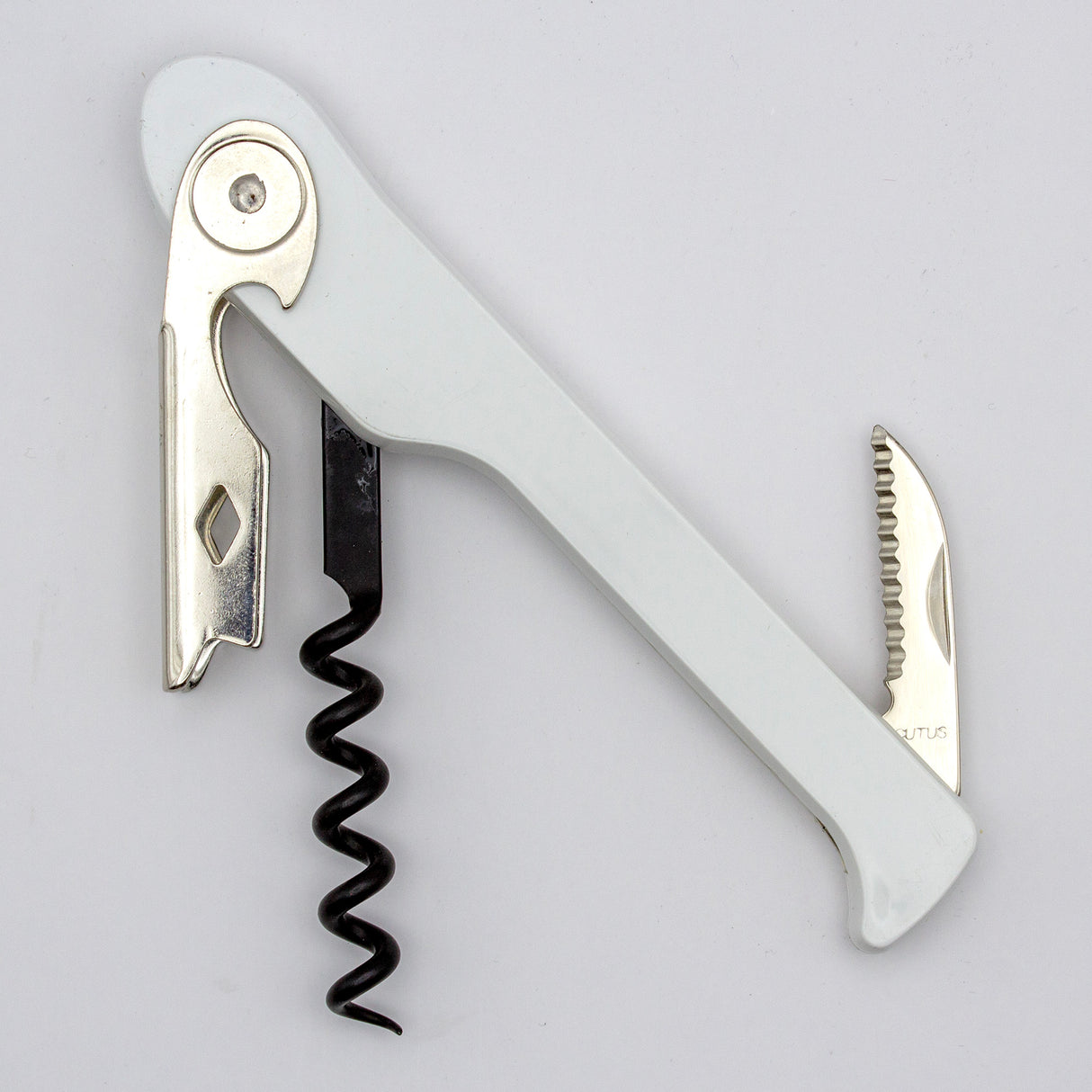 The Soft Touch 003 Single Lever Waiter's Friend Corkscrew by Soft Touch, in white, features a metal bottle opener, a spiral screw, and a small serrated knife—all folded out and displayed against a plain background.