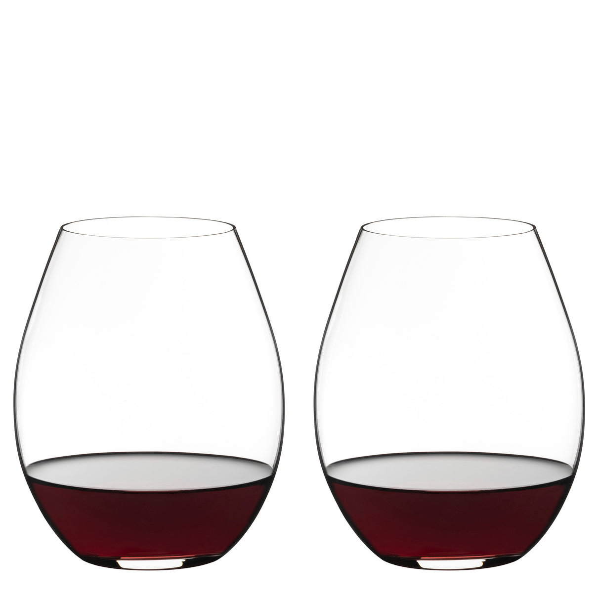 Two Riedel O Range Stemless Old World Syrah Glasses (Set of 2) by Riedel, each partially filled with red wine, are placed side by side against a plain white background. With their modern silhouette, these glasses are both elegant and fully dishwasher safe for convenient cleanup.