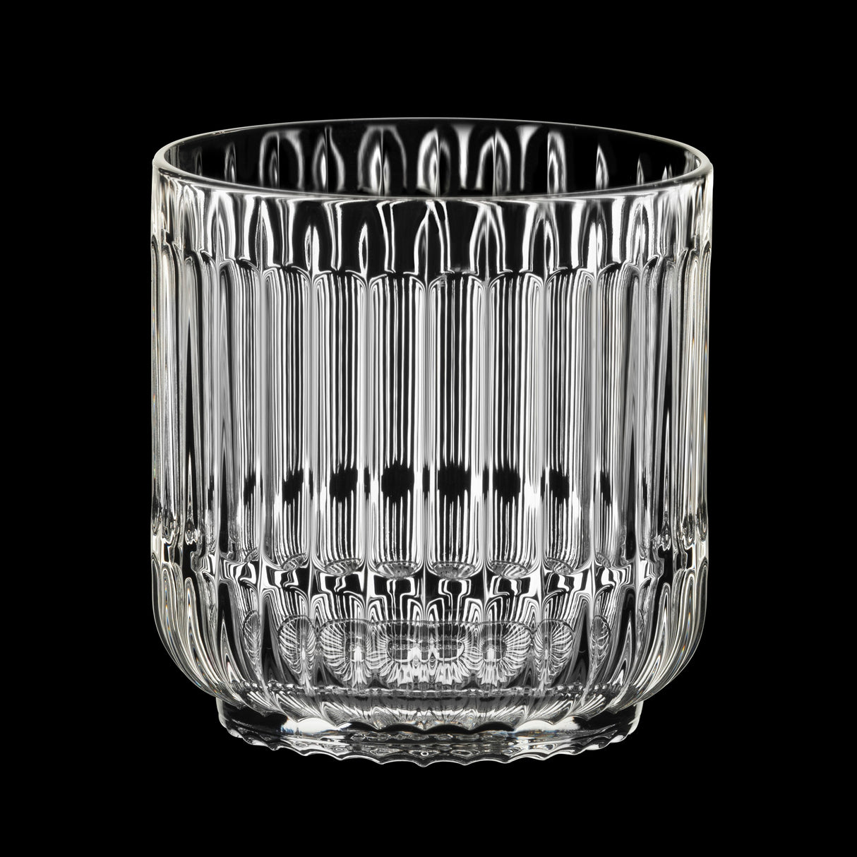 A clear, empty Riedel Restaurant Bar Rituals - Rocks Tumbler 283ml (0421/02), crafted from lead-free crystal with vertical ridges, sits centered on a black background.
