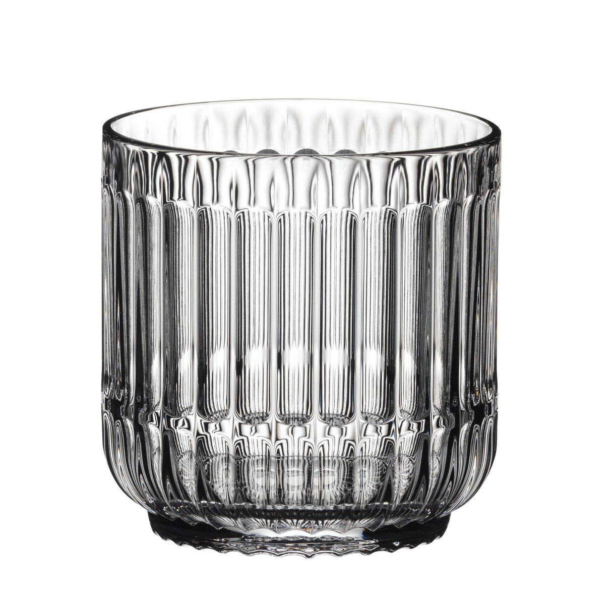 A clear, lead-free Riedel Restaurant Bar Rituals Rocks Tumbler (283ml) with vertical ridges and a gently rounded base, set against a white background; sold as a set of 12.