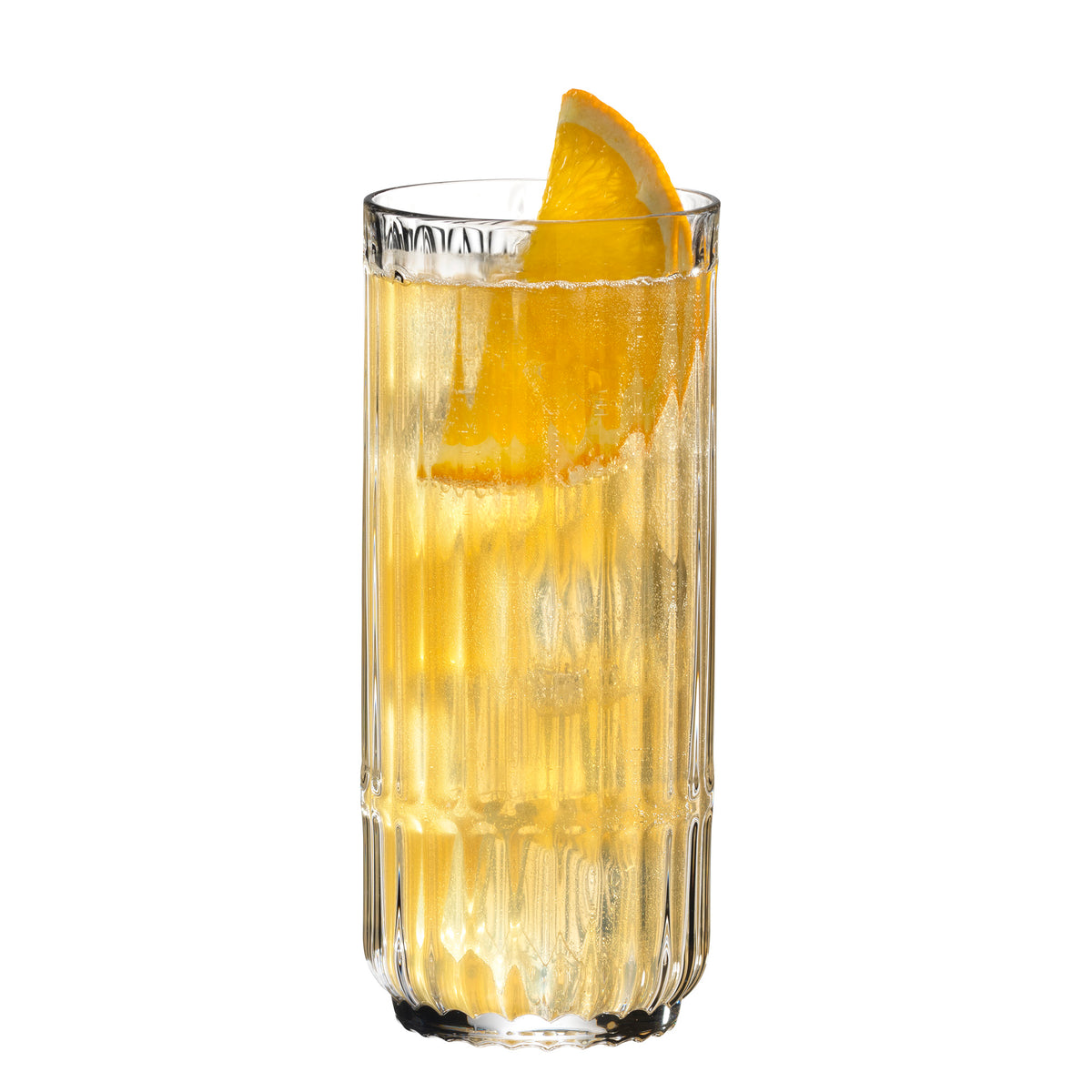 A Riedel Restaurant Bar Rituals Highball Tumbler (321ml) by Riedel, crafted from lead-free crystal, is filled with a fizzy yellow drink and garnished with a wedge of orange on the rim, set against a white background.
