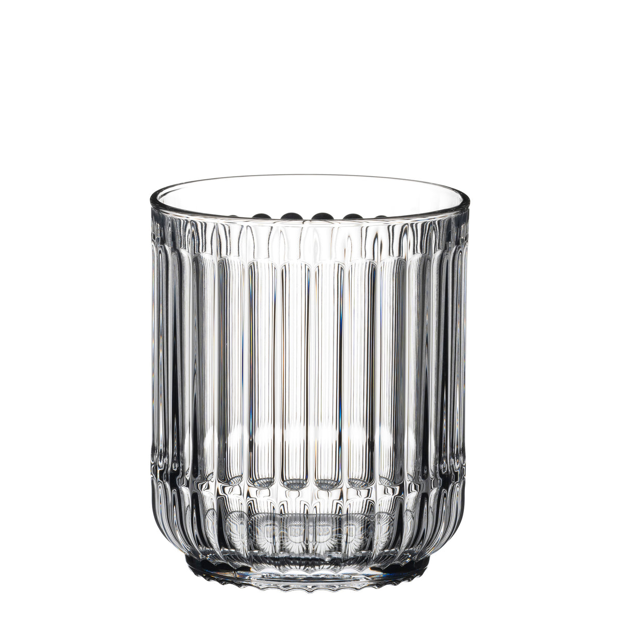A clear, empty Riedel Restaurant Bar Rituals Double Rocks Tumbler (350ml) with vertical ridges and a slightly rounded base, expertly crafted from lead-free crystal, set against a white background.