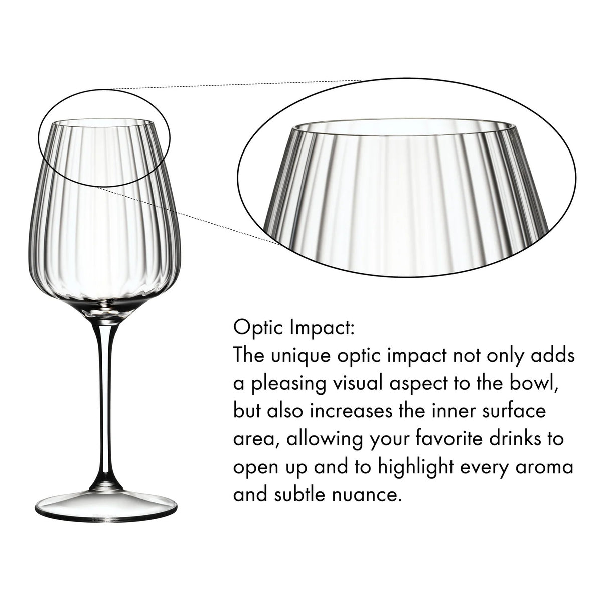 Certainly! Here is your rewritten sentence using the product data: The Riedel Restaurant Grape Optical White Wine / Champagne / Spritz Glass 590ml (Set of 12) features vertical optical lines, shown magnified here for detail. Crafted from lead-free crystal, these glasses by Riedel are designed to enhance visual appeal and increase surface area—amplifying aroma and nuance—while reflecting the superior craftsmanship synonymous with the Riedel Restaurant collection.