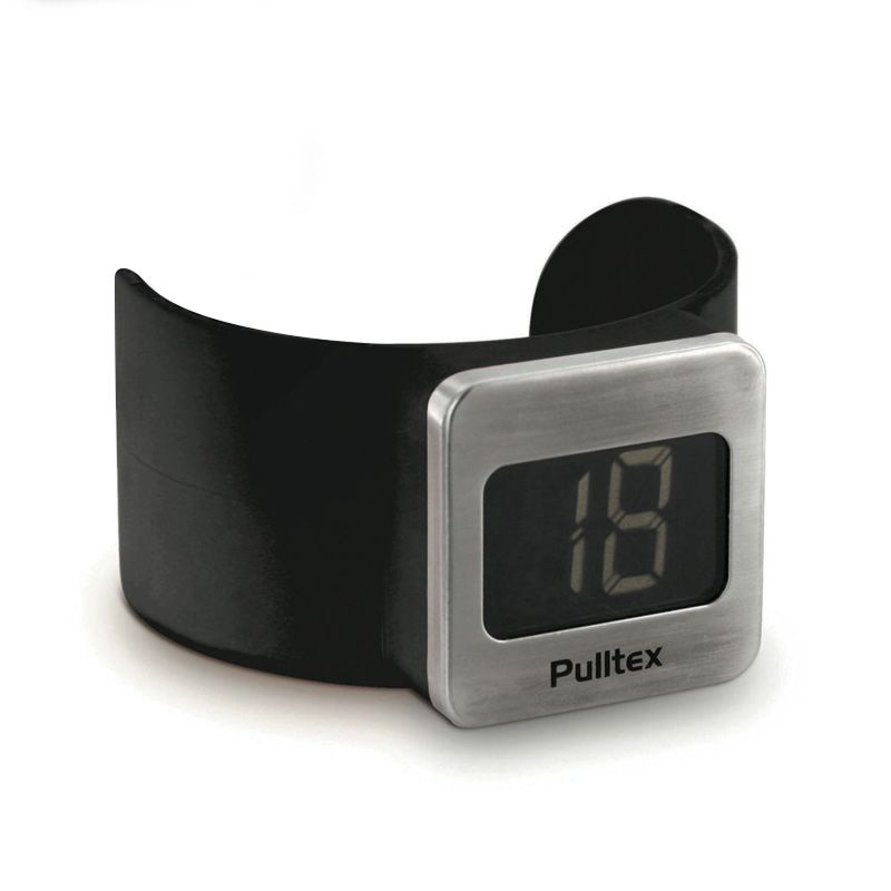 The Pulltex Wrap-Around Wine Bottle Thermometer features a sleek black band and a metal square face displaying the number 18. The Pulltex brand name is visible below the display, making this thermometer both stylish and functional for any wine enthusiast.
