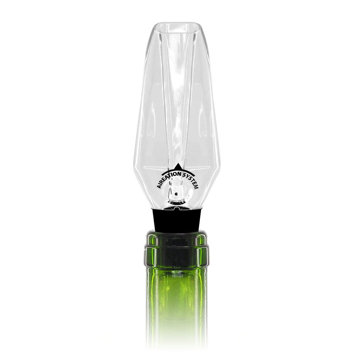 A clear Pulltex AirVin Wine Aerator & Pourer attached to a green wine bottle, with a transparent top and a black closure.
