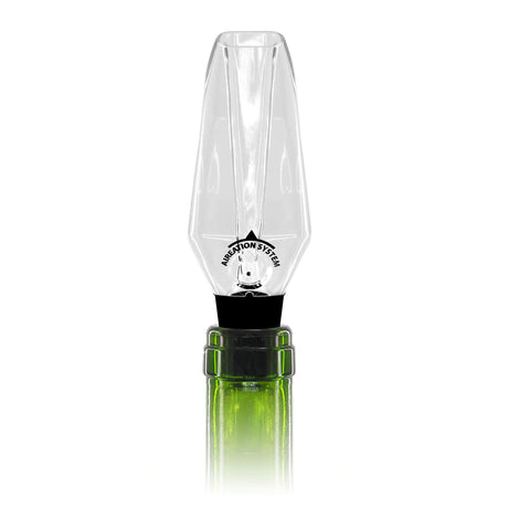 A clear Pulltex AirVin Wine Aerator & Pourer attached to a green wine bottle, with a transparent top and a black closure.