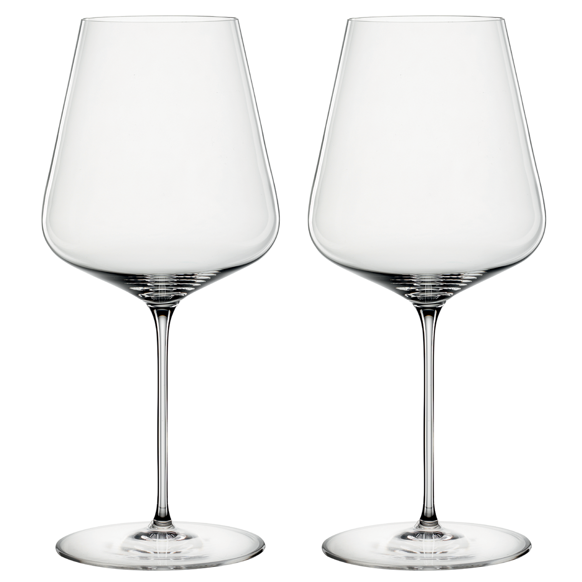 A set of two clear crystal wine glasses with a slender stem, designed for red wine.