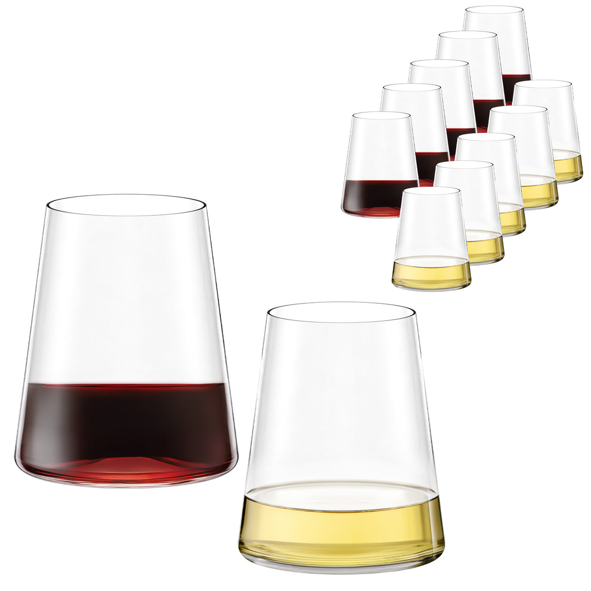 Set of clear wine glasses with red and white wine, on a white background