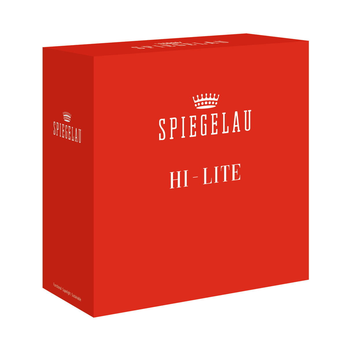 A red rectangular Spiegelau Hi-Lite box, featuring white text and the crown logo on the front and side, is shown against a white background—ideal for presenting the Spiegelau Hi-Lite Coupette / Cocktail Saucer Set of 2 from Spiegelau.