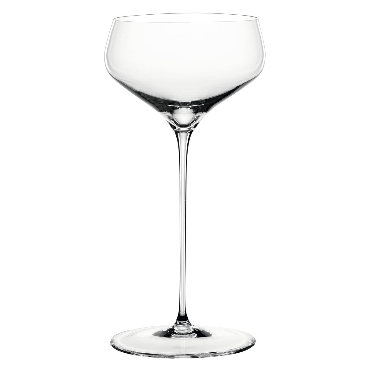 Two empty Spiegelau Hi-Lite Coupette / Cocktail Saucers by Spiegelau, each featuring a wide bowl and long stem, are standing upright on a plain white background.