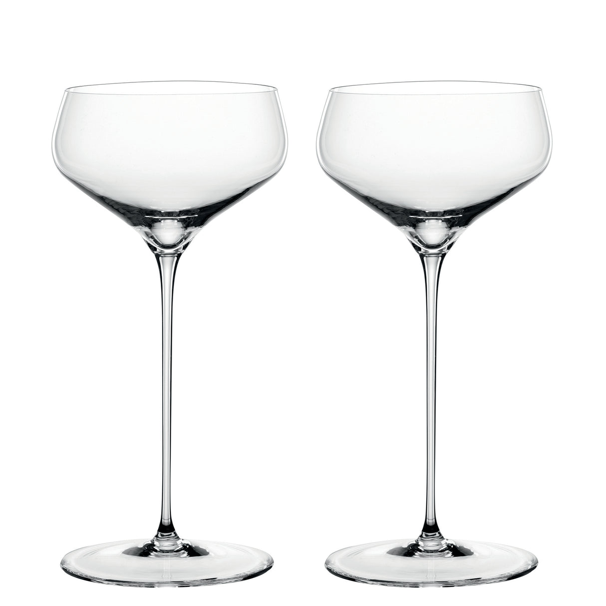 Two empty, clear Spiegelau Hi-Lite Coupette / Cocktail Saucers by Spiegelau, each featuring an elegant long stem, stand side by side against a white background.