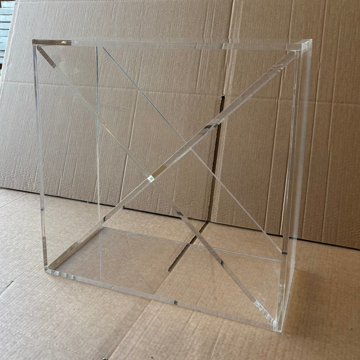 Ex-Display Clear Perspex Wine Cube – 225mm Deep - Approx. 24 Bottles, a square clear acrylic wine display cube with an X-shaped divider inside.
