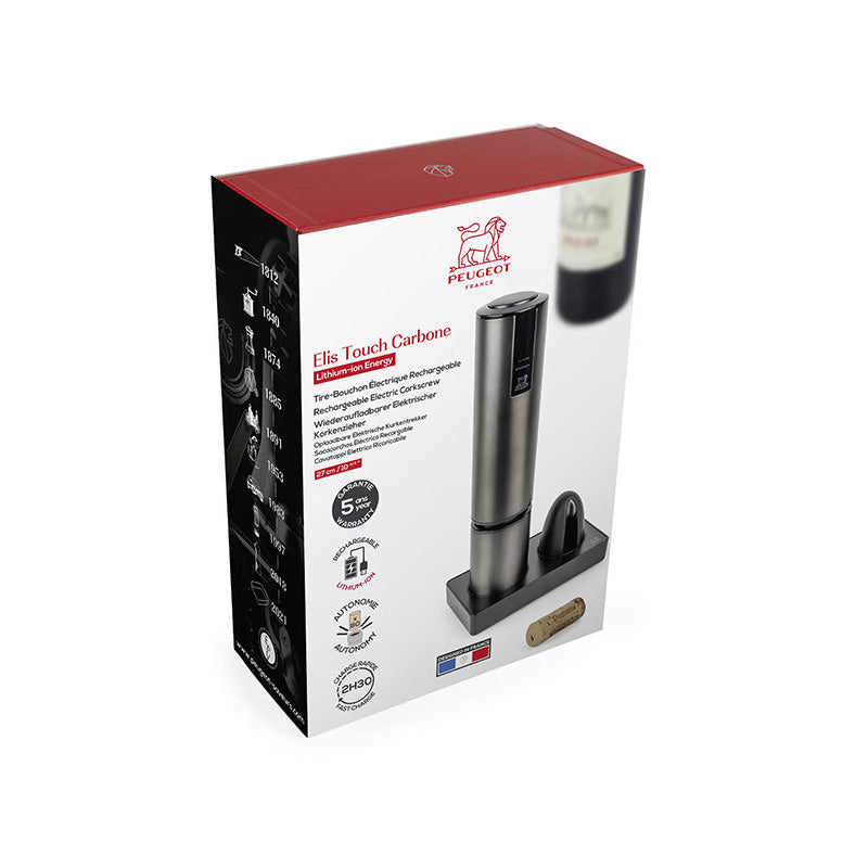 Peugeot Elis Touch Stainless Steel Rechargeable Electric Corkscrew Carbon Finish