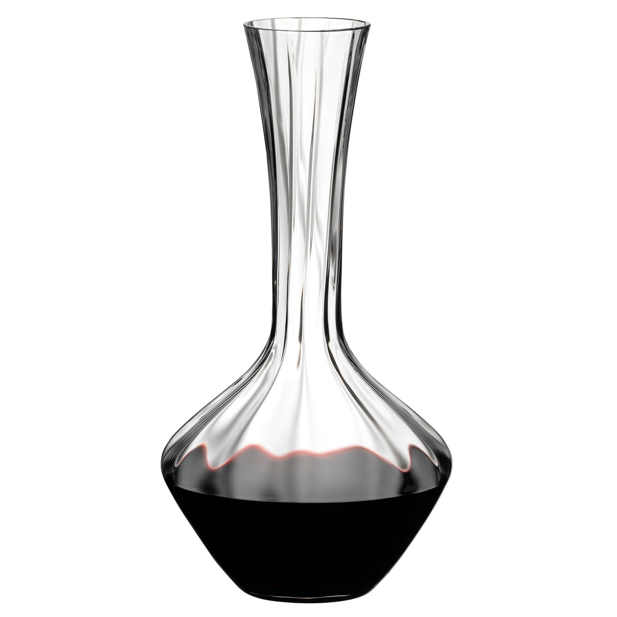 A Riedel Manufaktur Exquisit Wine Decanter 1.2L by Riedel, featuring a wide base that narrows at the neck, is partially filled with red wine.