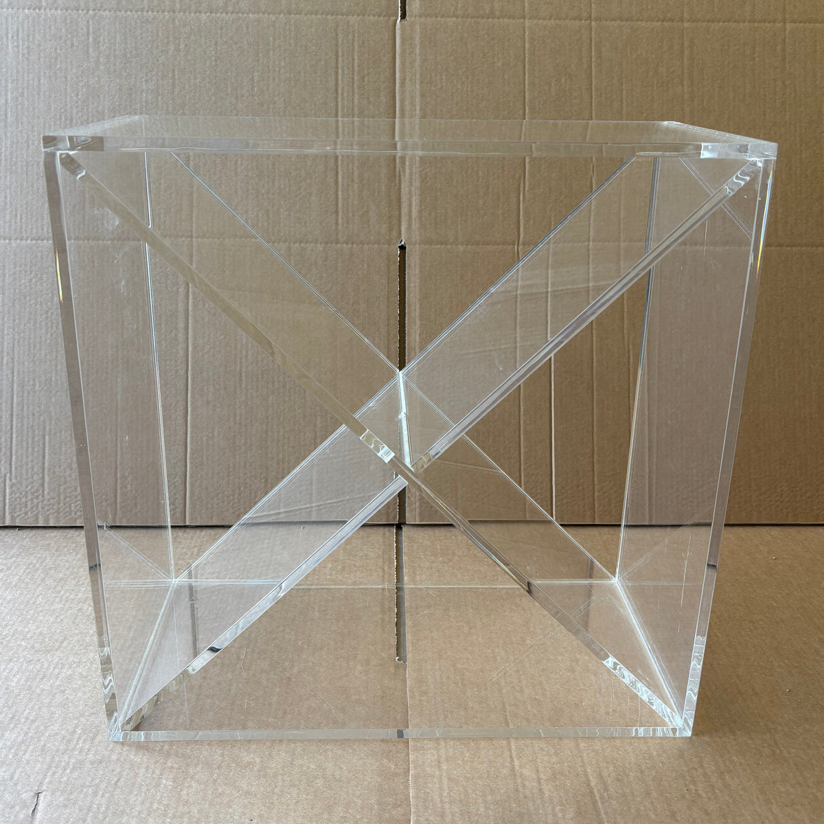 Ex-Display Clear Perspex Wine Cube – 225mm Deep - Approx. 24 Bottles, a clear acrylic wine rack with an x-shaped interior divider for modern wine display.