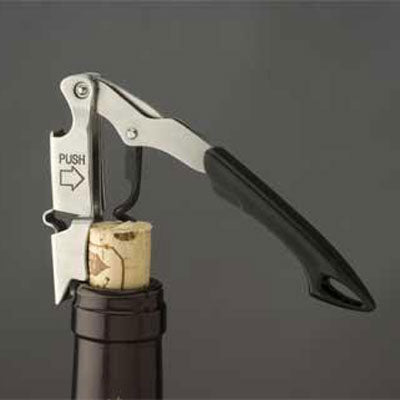 A black waiters friend corkscrew showing the withdrawal of a cork from a wine bottle.