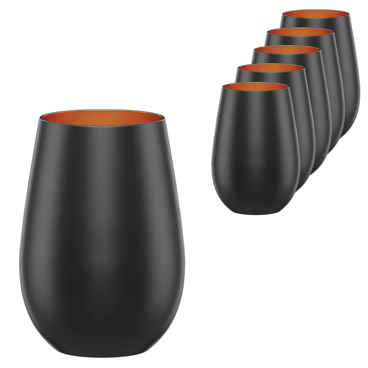 Six Stölzle Elements Black & Bronze Water/Mixer Tumbler Glasses (465ml, set of 6) are arranged in a staggered line on a white background, with one prominently placed in the foreground.