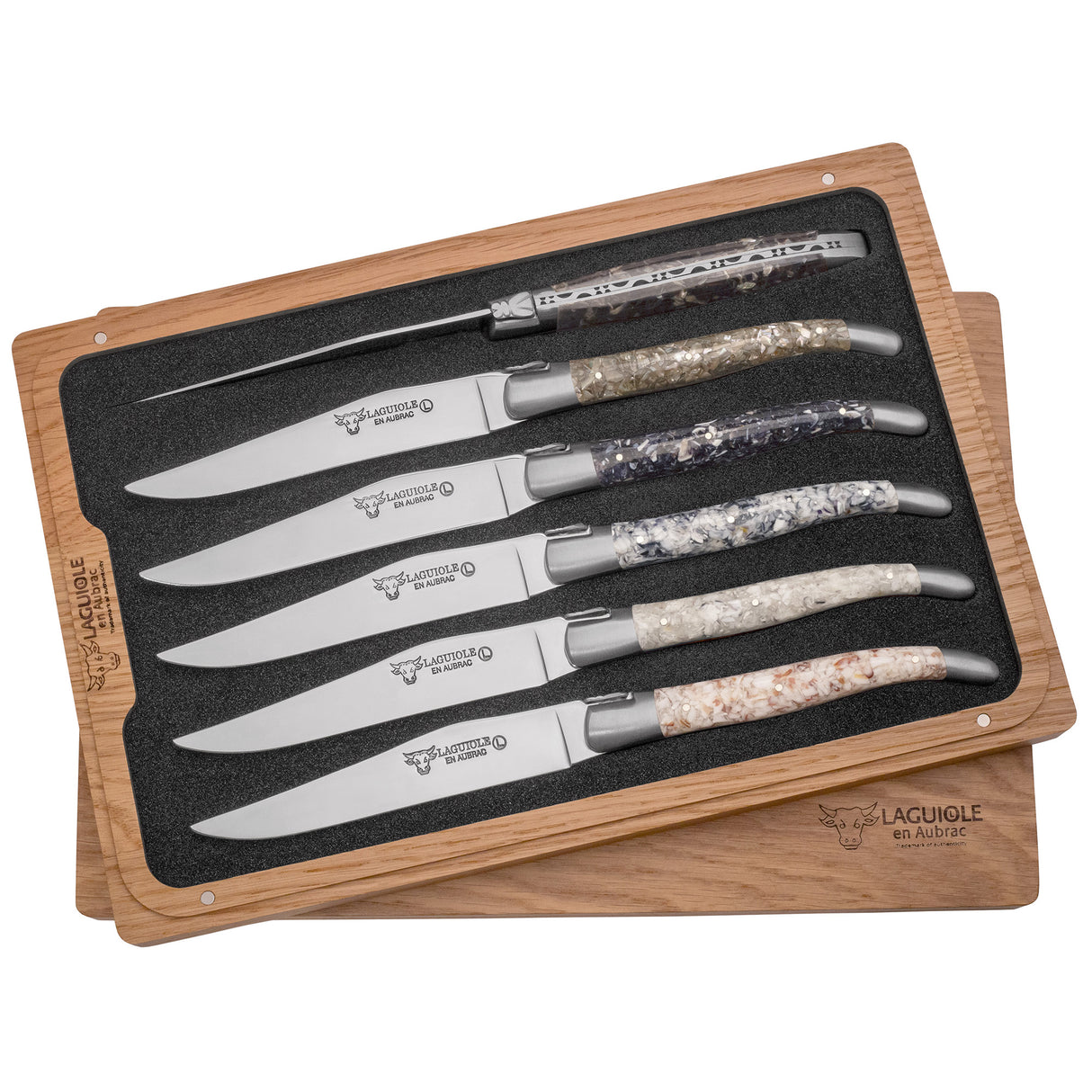 Laguiole En Aubrac 6 Piece Steak Knives Set Mixed Shell Handles