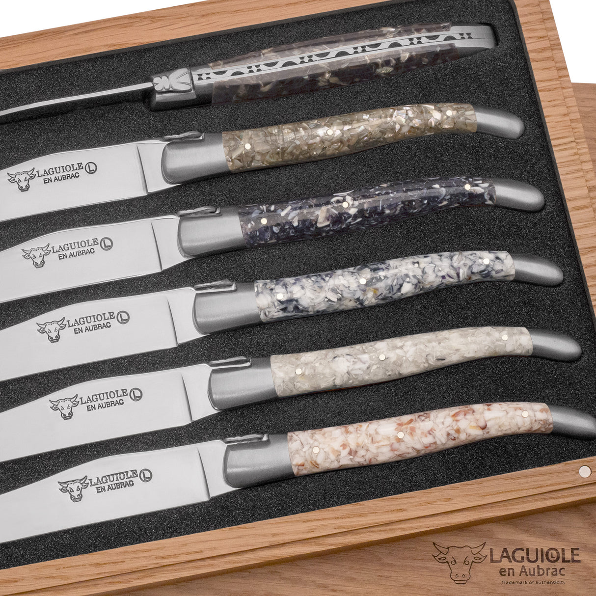 Laguiole En Aubrac 6 Piece Steak Knives Set Mixed Shell Handles