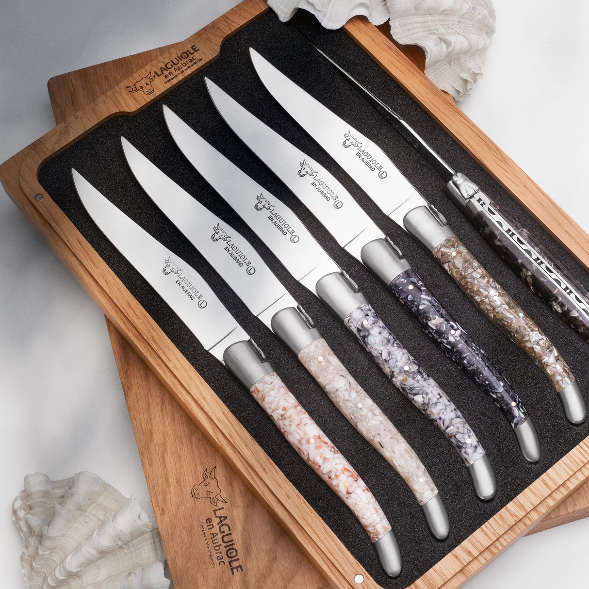 Laguiole en Aubrac 6 Piece Steak Knives Set - Mixed Shell Handles