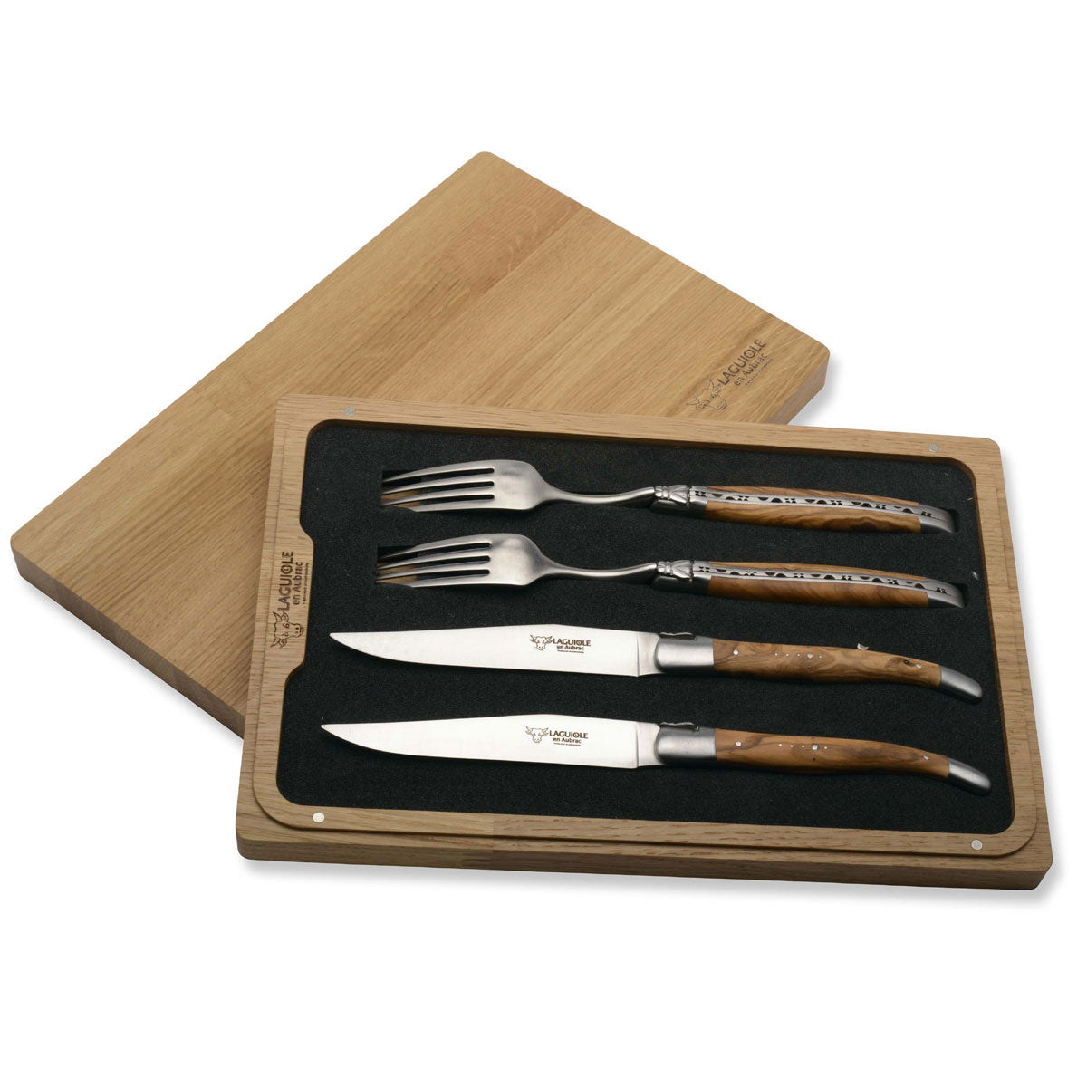 Laguiole En Aubrac 4 Piece Knife And Fork Set Olive Wood Handles