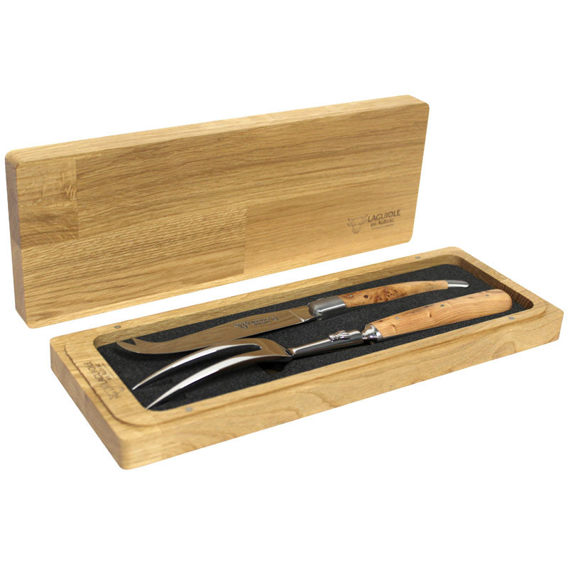 Laguiole En Aubrac 2 Piece Cheese Knife Holding Fork Set Juniper Wood Handles