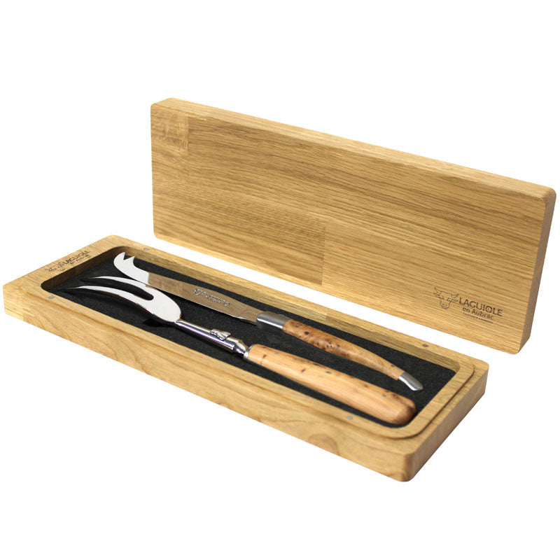 Laguiole En Aubrac 2 Piece Cheese Knife Holding Fork Set Juniper Wood Handles