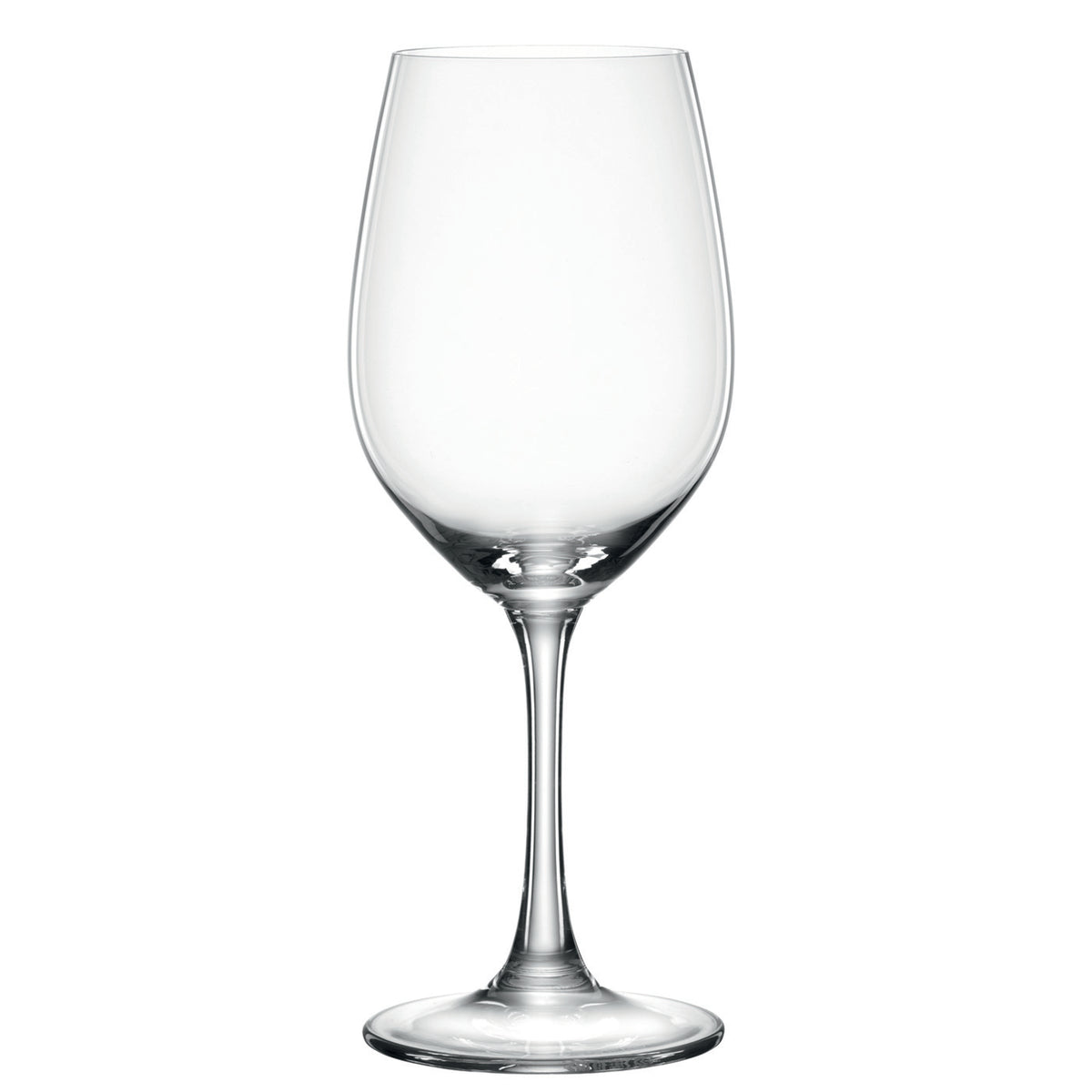 A clear, empty Spiegelau Restaurant Winelovers Red Wine Glass 460ml from Spiegelau, featuring a long stem and a round base, crafted from fine crystal glass and set against a plain white background.