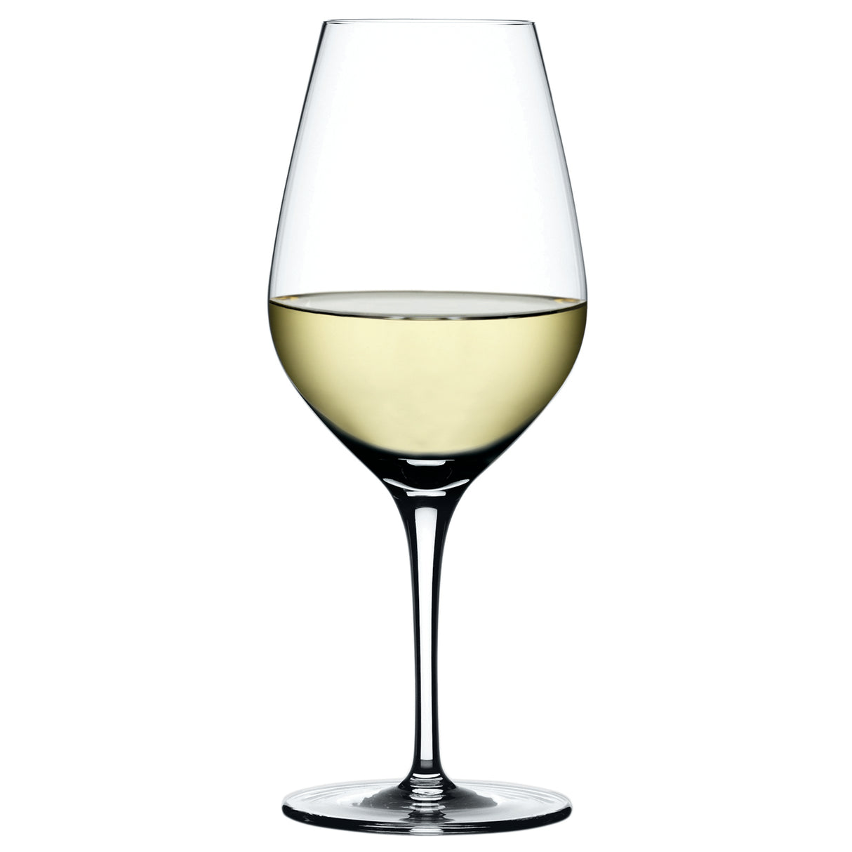 A Spiegelau Restaurant Authentis Universal/White Wine Glass 420ml, half-filled with white wine and set against a plain white background, perfectly highlights the timeless elegance of Spiegelau's craftsmanship.