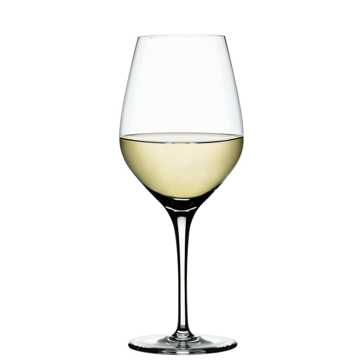 A Spiegelau Restaurant Authentis Small White Wine Glass (360ml) from Spiegelau, filled halfway with white wine, stands upright against a plain white background.