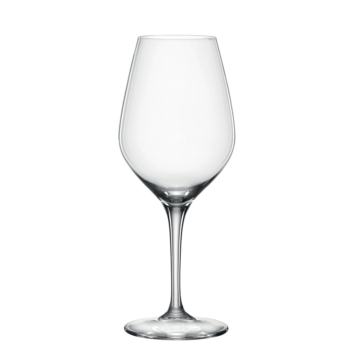 A clear Spiegelau Restaurant Authentis Small White Wine Glass, with a tall stem and a wide bowl, stands upright against a white background.