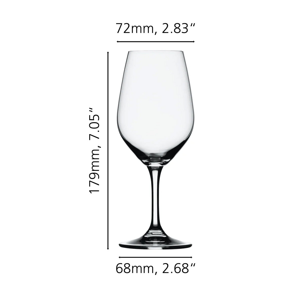 The Spiegelau Expert Wine Tasting Glass 260ml - Set of 6 by Spiegelau is crafted from high-quality crystalline glass and features a clear design with measurements of 179mm (7.05") in height, a rim diameter of 72mm (2.83"), and a base diameter of 68mm (2.68").