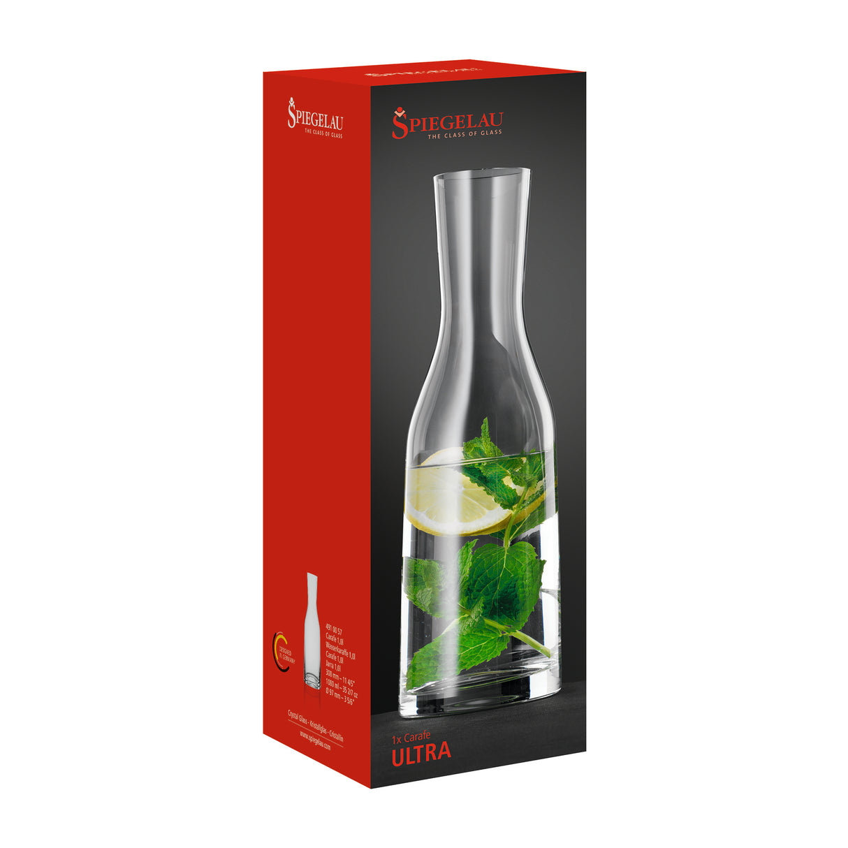 A red and black box showcases the Spiegelau Ultra Wine / Water Carafe 1000ml, a beautifully crafted crystal glass carafe from Spiegelau, filled with water, lemon slices, and mint leaves. The brand name and logo are elegantly positioned at the top.