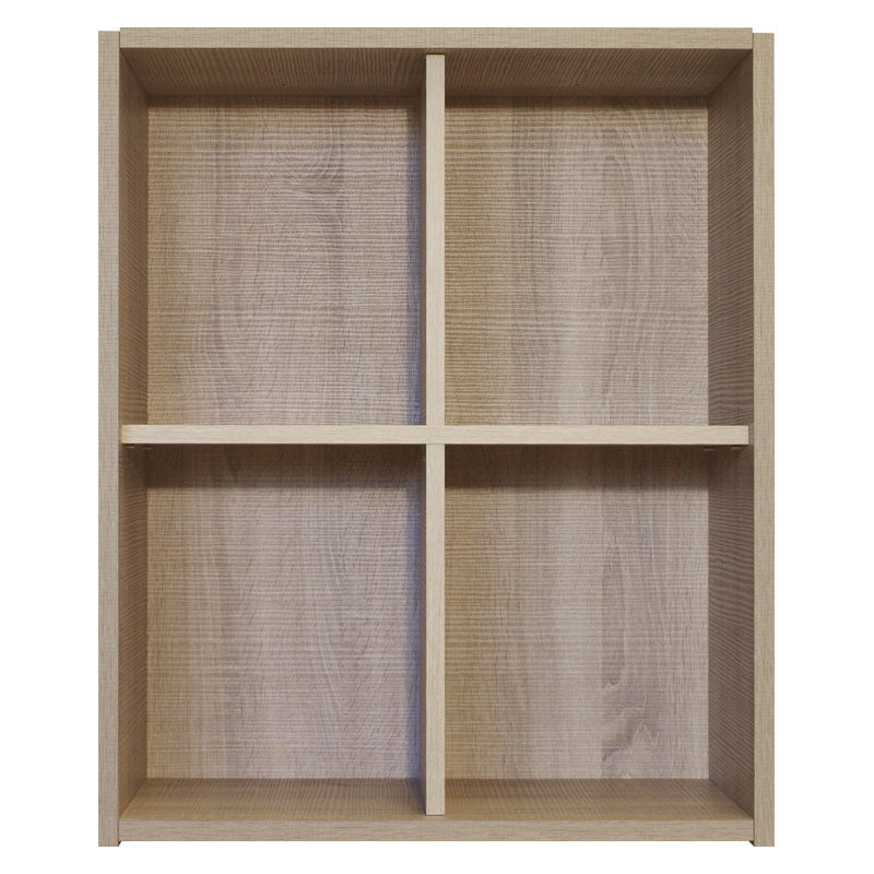 Introducing the Malbec Self-Assembly Series - 60 Bottle Melamine Wine Rack Kit by Wineware: Featuring a square design with four equal compartments arranged in a 2x2 grid, this practical unit boasts a rustic oak effect melamine finish for a warm, natural appearance. Ideal for use as both a wine rack and display shelf, its versatile construction is designed for easy self-assembly and sits elegantly against any plain background.