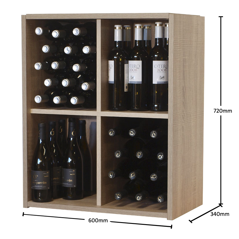 Introducing the Malbec Self-Assembly Series - 60 Bottle Melamine Wine Rack Kit in Rustic Oak Effect by Wineware. This stylish rack offers four spacious sections for storing your favorite wines, accommodating up to 60 bottles both upright and horizontally. Measuring 720mm high, 600mm wide, and 340mm deep, it combines effortless self-assembly convenience with timeless rustic oak charm.