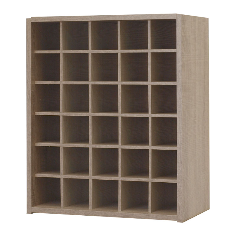 The Wineware Malbec Self-Assembly Series 30 Bottle Melamine Wine Rack Kit features a rustic oak effect and offers 25 square compartments arranged in a 5 by 5 grid. Designed for easy self-assembly, this versatile piece is ideal for storage or organization and adds charm as a functional wine rack.