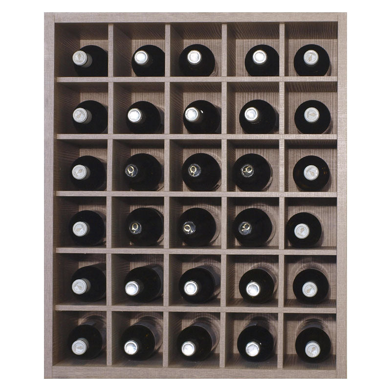 Introducing the Wineware Malbec Self-Assembly Series - 30 Bottle Melamine Wine Rack Kit in a rustic oak effect. Featuring a grid of five rows and six columns, each compartment displays a single bottle with its top visible from above. This elegant self-assembly kit combines functional storage with refined style, making it the perfect way to showcase your wine collection.