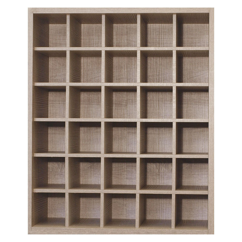 A Wineware Malbec Self-Assembly Series 30-bottle wine rack kit in a rustic oak effect, featuring 30 square compartments arranged in five rows and six columns. The melamine display case is viewed from the front and is empty.