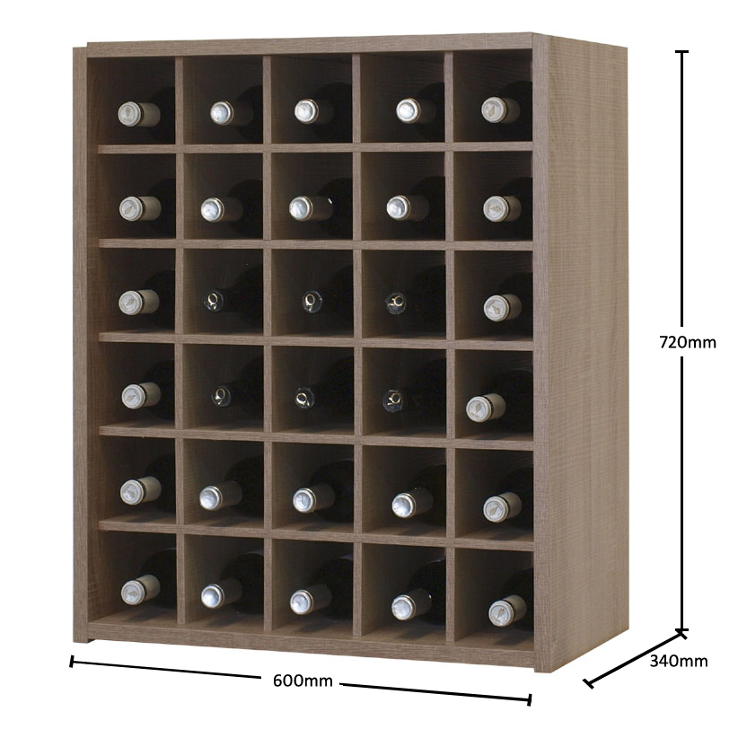 Introducing the Malbec Self-Assembly Series - 30 Bottle Melamine Wine Rack Kit by Wineware in a rustic oak effect. This elegant wine rack holds up to 30 bottles in a stylish grid layout. Measuring 720mm tall, 600mm wide, and 340mm deep, it features a convenient self-assembly design—ideal for showcasing your wine collection with classic charm.