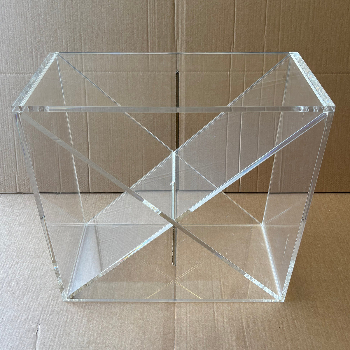 Ex-Display Clear Perspex Wine Cube – 225mm Deep - Approx. 24 Bottles, a clear acrylic wine display cube with an X-shaped divider.