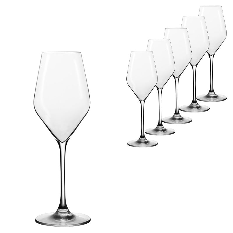 A set of six Lehmann Glass Absolus Champagne/Sparkling Wine Glasses (200ml), crafted from lead-free crystal, are displayed in a diagonal line, with one glass in the foreground and the others gradually receding.